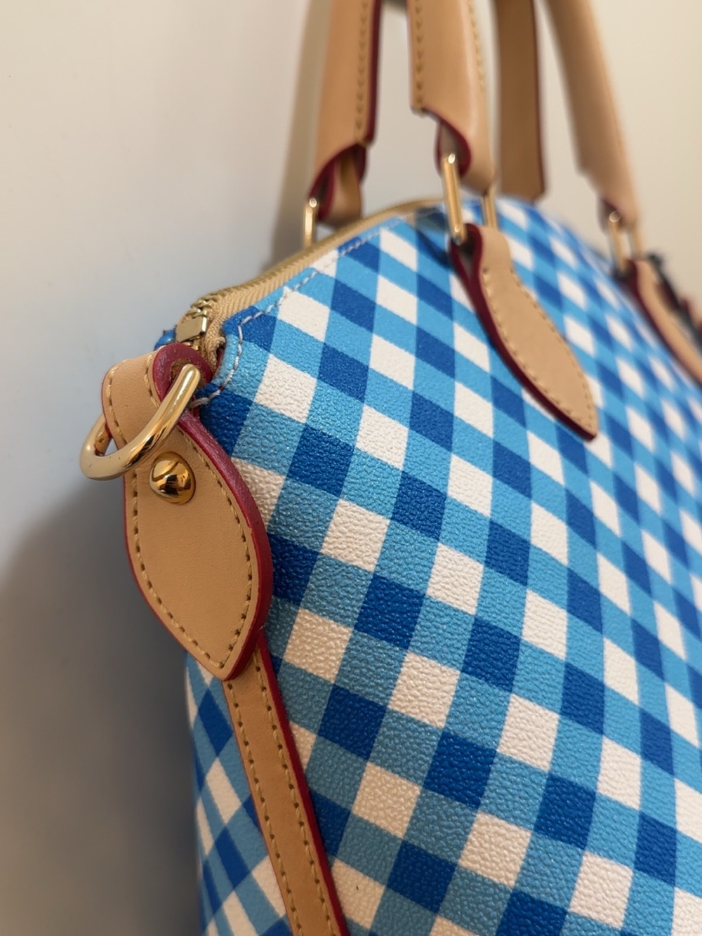 NWT Dooney & Bourke Blue Gingham Satchel with Tan Trim and Red-Edged Strap - Picture 9 of 10
